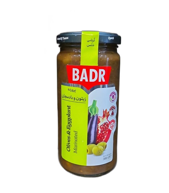 Badr Marinated Olives & Eggplant (Zeytoon Bademjan Parvardeh) 380g Badr Marinated Olives & Eggplant (Zeytoon Bademjan Parvardeh) 380g tall glass jar